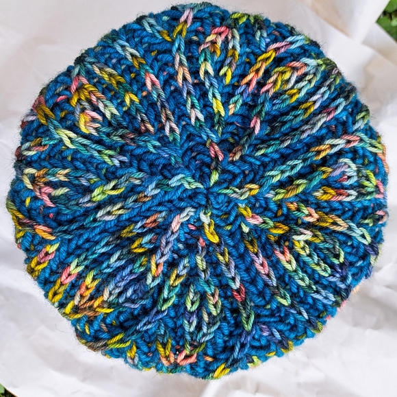 Knit Hat Warm Hand Dyed Soft Wool Green Multicolor Striped Brioche Stocking Cap - Picture 3 of 4